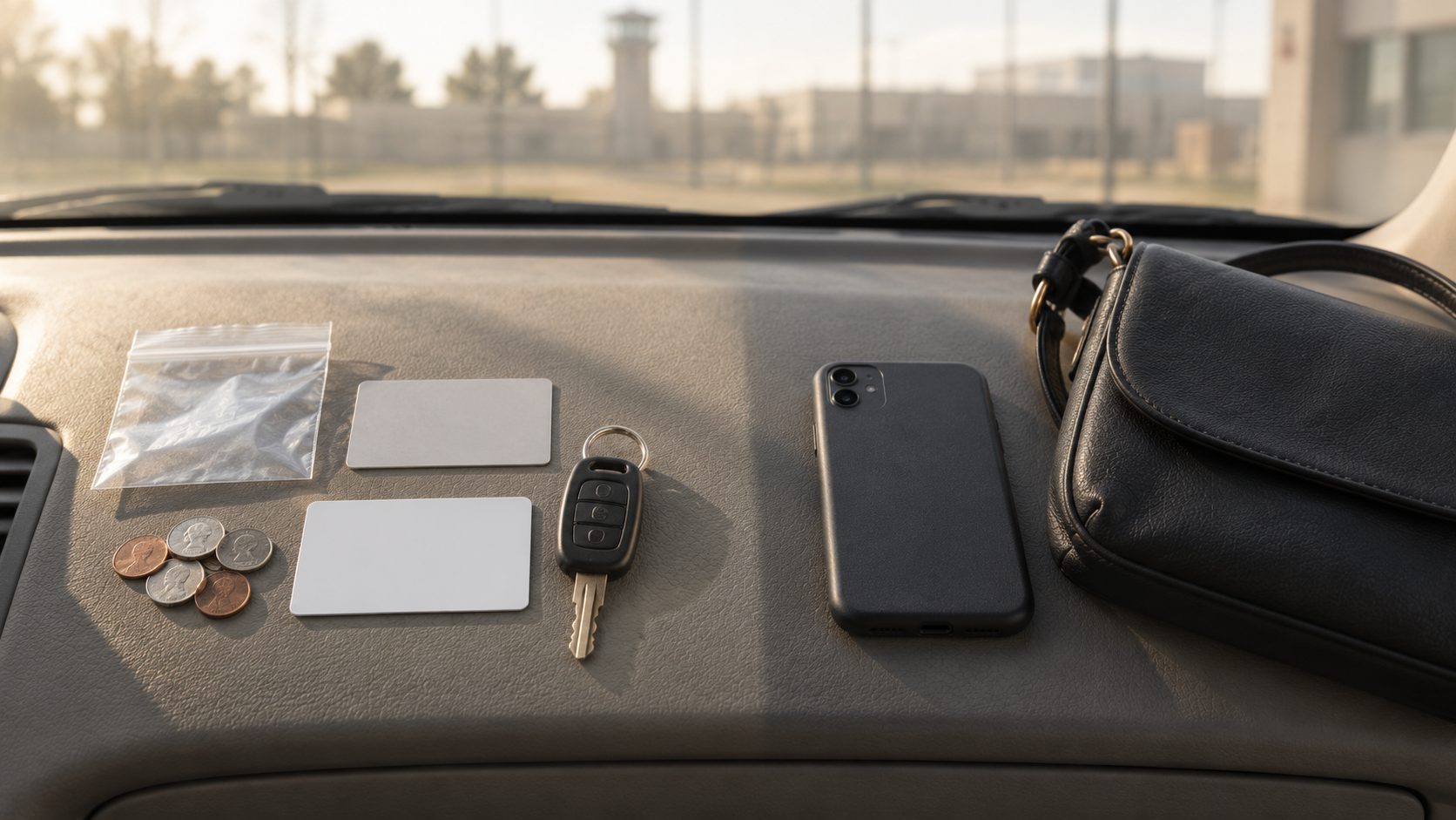 A car dashboard outside a Texas prison showing what a visitor may carry inside: a small clear bag, loose coins, one payment card, and keys, with a phone and purse set aside to be left behind. A car dashboard outside a Texas prison showing what a visitor may carry inside: a small clear bag, loose coins, one payment card, and keys, with a phone and purse set aside to be left behind.