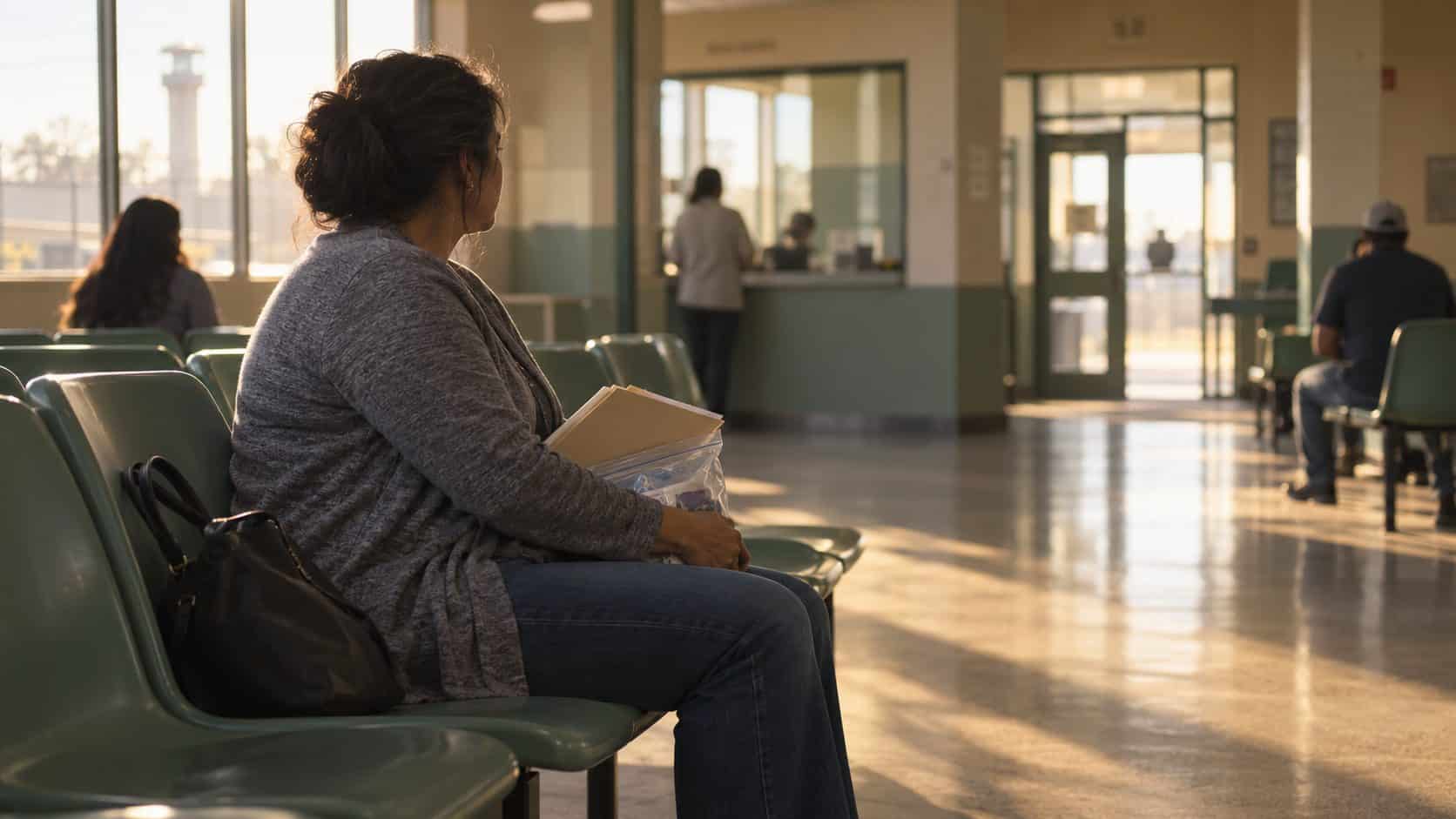 A woman waits with her paperwork in the visitation reception area of a Texas prison in the early morning light. A woman waits with her paperwork in the visitation reception area of a Texas prison in the early morning light.