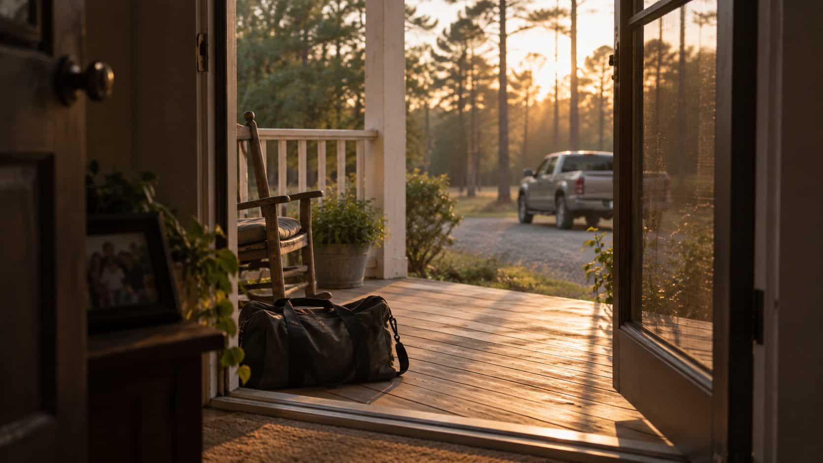 An open screen door onto an East Texas porch at sunset with a duffel bag set down and a pickup truck in the gravel drive. An open screen door onto an East Texas porch at sunset with a duffel bag set down and a pickup truck in the gravel drive.