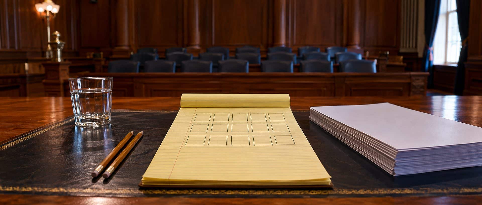 A jury seating chart and questionnaire forms on a defense attorney’s table during voir dire. A jury seating chart and questionnaire forms on a defense attorney’s table during voir dire.