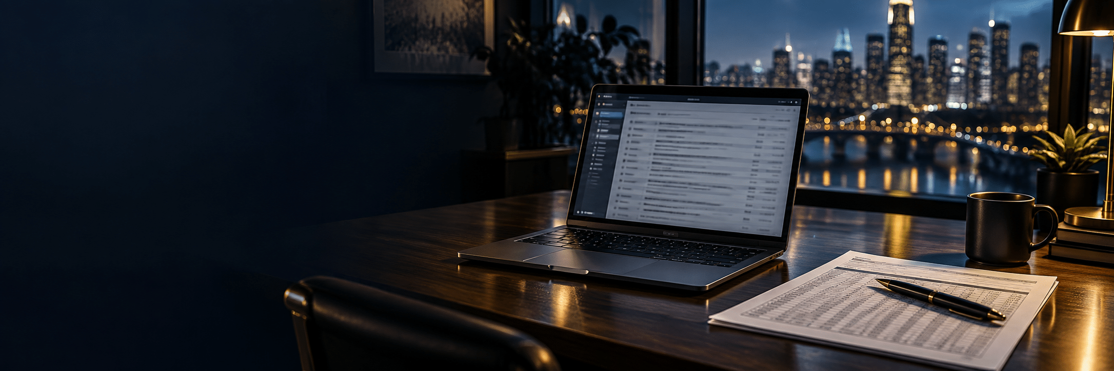 Laptop and financial records on a desk overlooking a city.